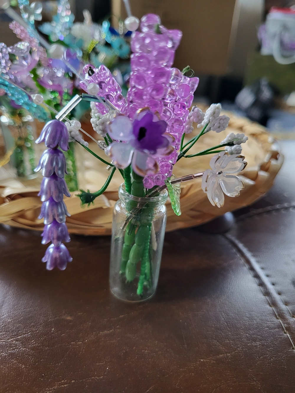 Handcrafted Purple Beaded Flower Bouquet in Mini Vase